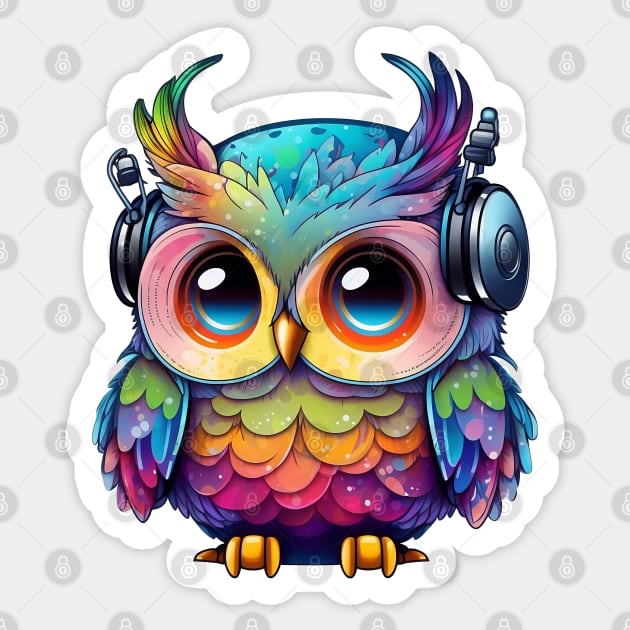 Rainbow Owl Wearing Headphones Sticker by Luxinda